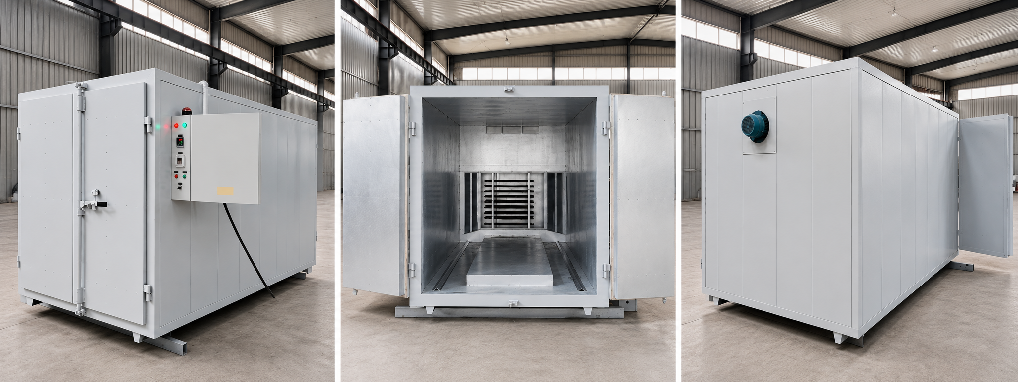 Three views of the clearance electric oven: exterior with digital control cabinet, open chamber and rear circulation fan